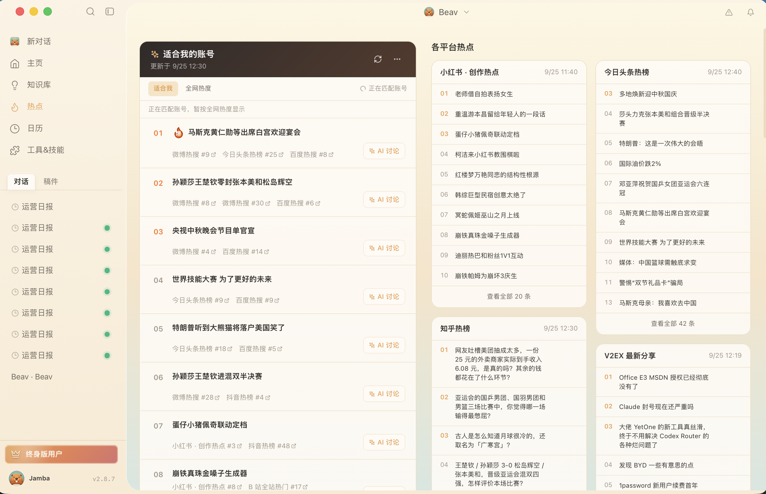 Beav Hotspots page showing trends relevant to an account and platform rankings
